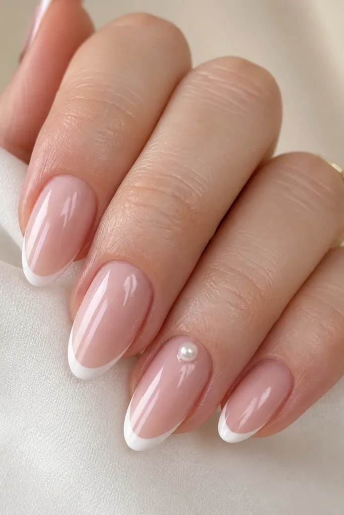 Short almond nails with sheer pink base and creamy white French tips. One nail has a single tiny pearl near the cuticle, and the rest stay plain with glossy top coat.