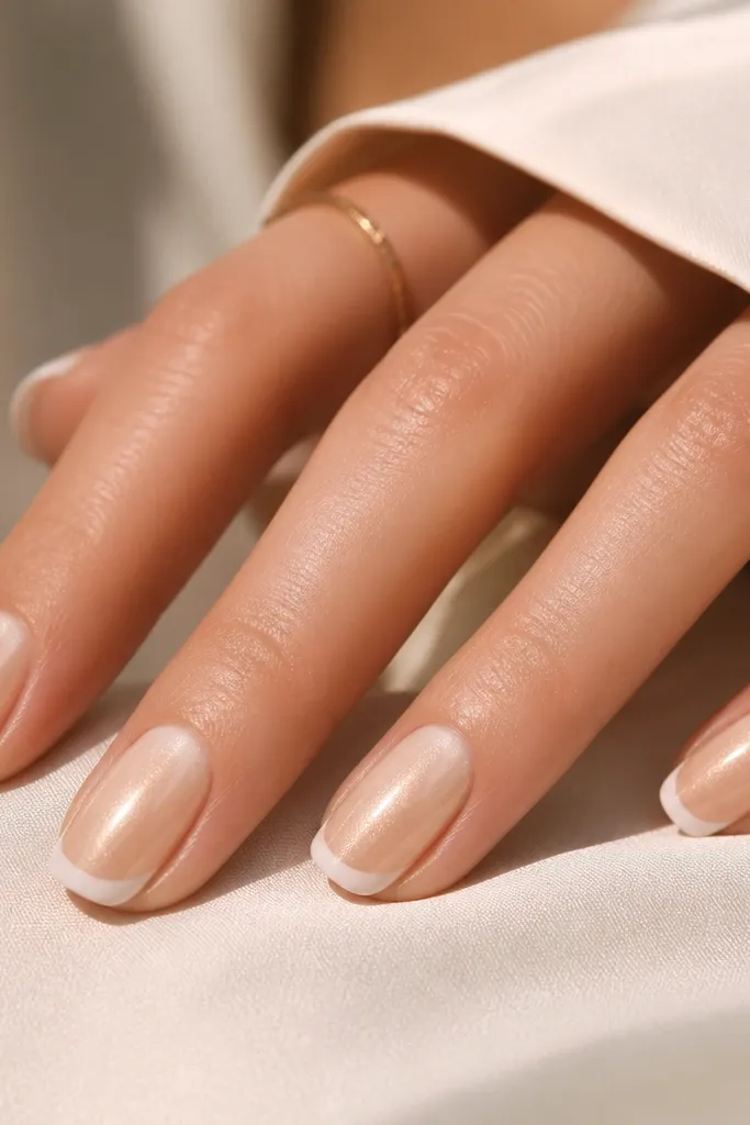 Nails with a champagne nude base that looks slightly golden. The French tips are warm white, with a smooth curved line and high gloss.