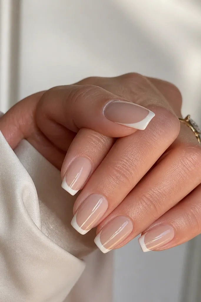 Nails have a nude base and creamy white French tips. On each tip there's a thin clear line running from the center down the tip, like a glossy stripe that catches light.