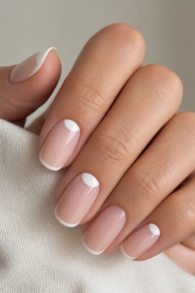 Nails with a sheer nude base. There's a half-moon shape at the cuticle in classic white on a few nails, while the French tips remain clean and classic on the rest. Glossy finish.