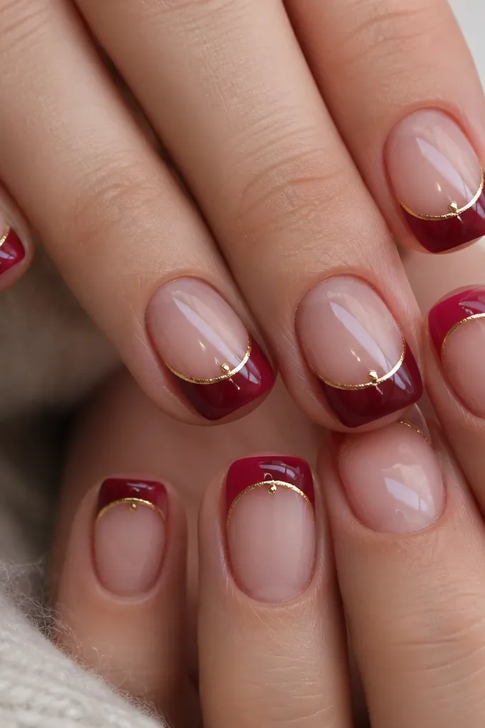 A close-up of short squoval nails painted a glossy cranberry red. The tips are a crisp French arc in cranberry, with a thin gold crescent line just under the smile line. One or two nails have a tiny gold dot at the center of the crescent.