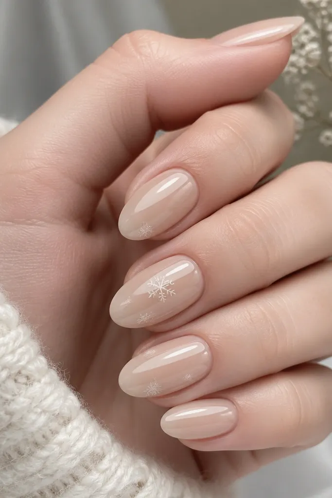 Nails are glossy champagne nude with a few nails showing tiny white micro snowflakes drawn in the center. The snowflakes are surrounded by clear negative space so they look like they're floating.