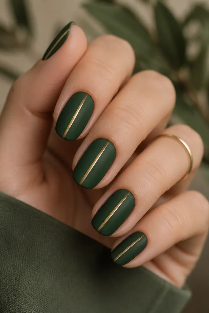 Deep forest green nails with a soft matte-velvet texture. One thin champagne-gold stripe runs vertically down the center of each nail, catching light subtly.