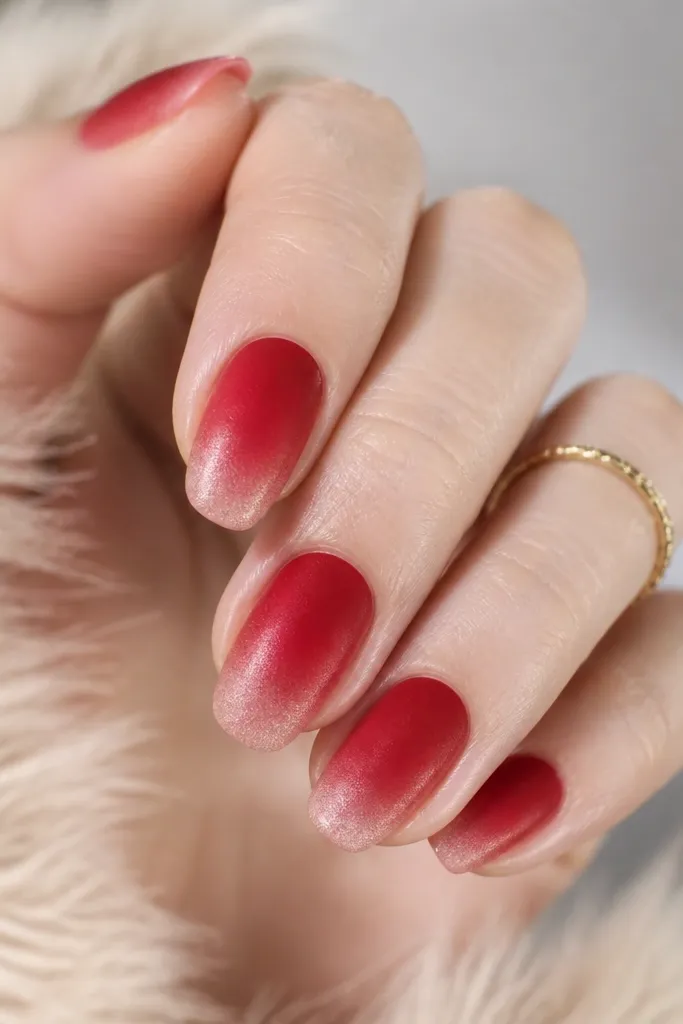 Nails show a smooth ombré from deep red near the cuticle to a lighter frosted red near the tips. The tips have a soft, powdery look without chunky glitter.