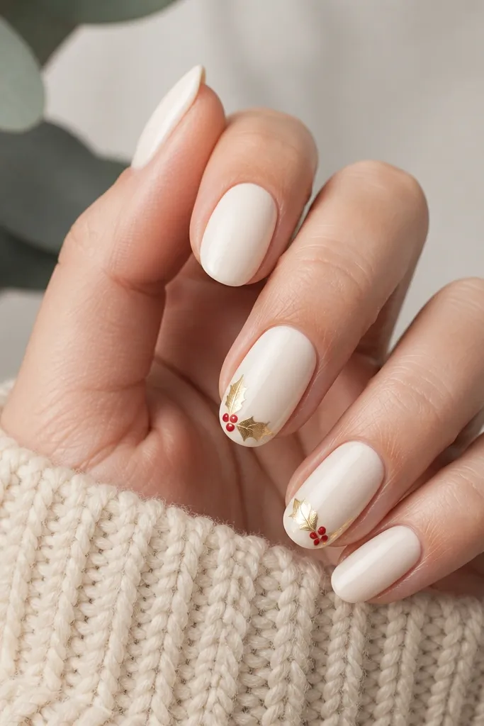 Ivory-white nails with glossy finish. At the tips of two accent nails, gold leaf shapes sit like holly, and three tiny red berry dots cluster near the leaf edge.