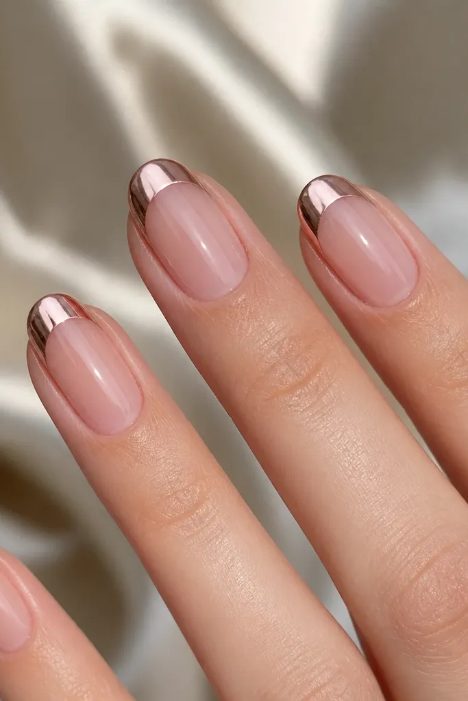 Sheer pink nails with a mirror-like rose gold chrome only on the tips. The chrome has a clean curved boundary, and the rest of the nail stays translucent.