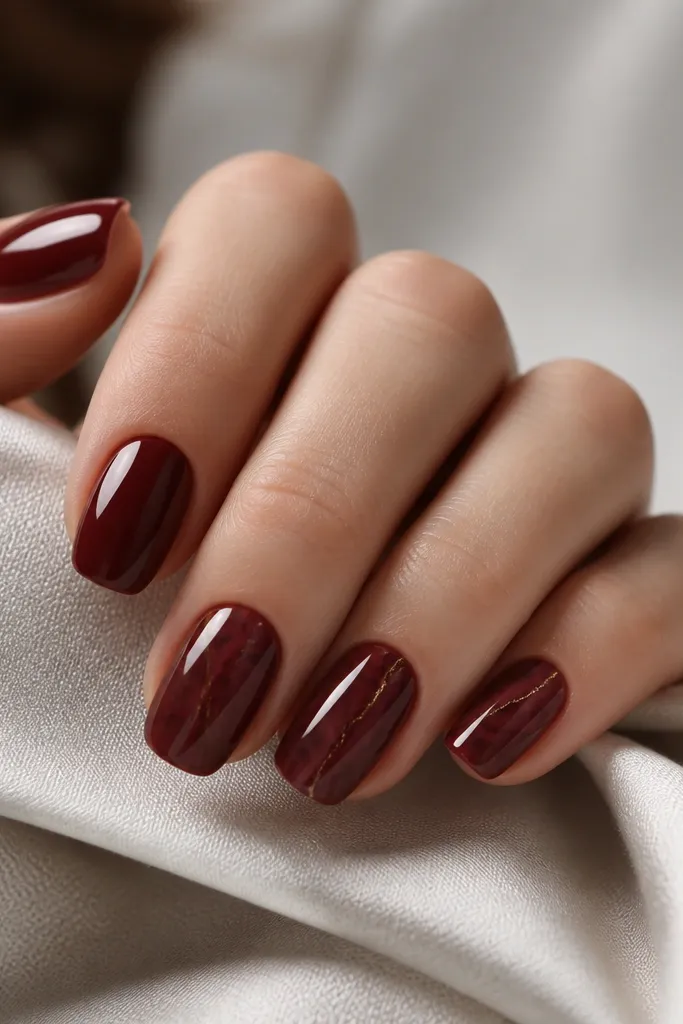 Mostly burgundy nails with glossy finish. One or two nails show a soft marble pattern in burgundy and deep wine, with a thin gold vein line running through the marble.