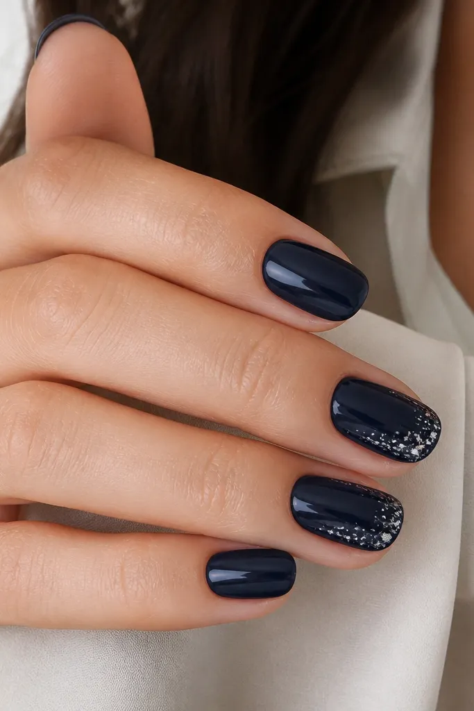 Dark navy nails with a glossy finish. Accent nails have a sparse scatter of tiny silver foil flecks concentrated near the tips, like a night sky.