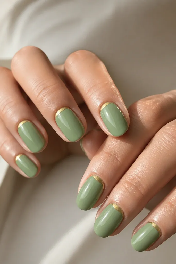 Sage green nails with a glossy finish. A thin gold half-moon sits right at the cuticle line on each nail, leaving the rest of the nail plain sage.