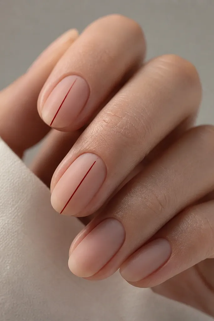 Sheer nude nails with a soft matte-velvet texture. Thin red micro lines run vertically on two nails, while other nails stay plain nude.