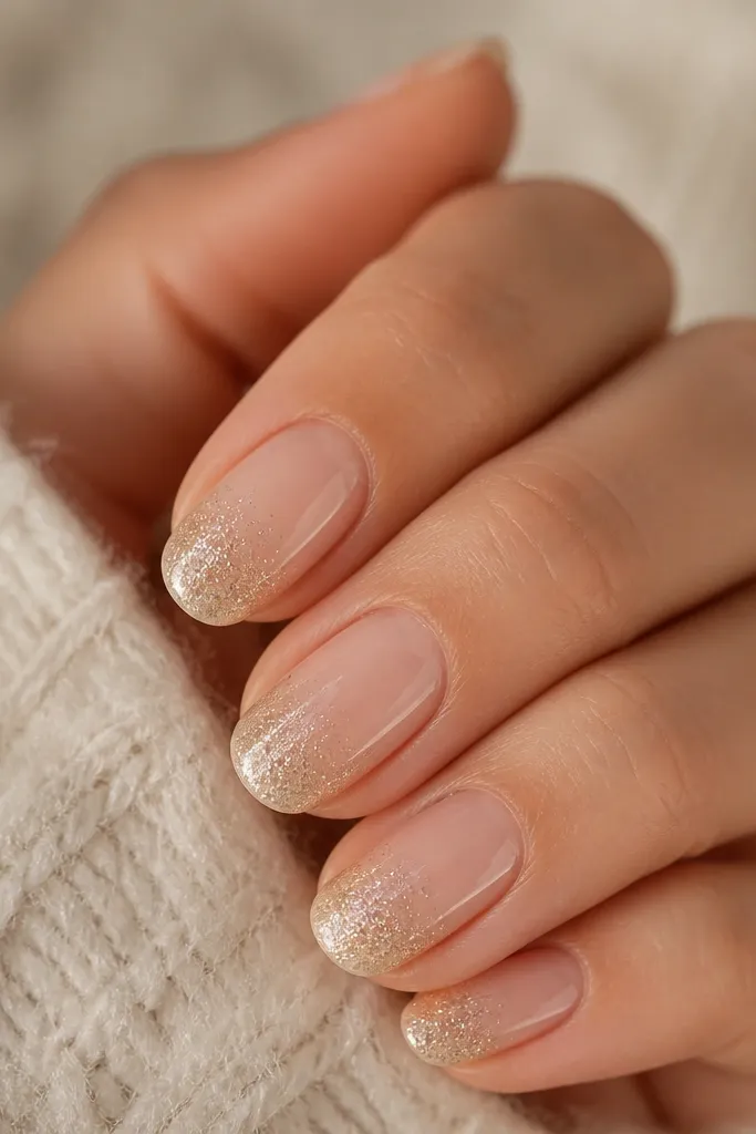 Nails have a bare, natural-looking center with a glossy sheer layer. The tips are covered in fine champagne glitter that fades into the sheer base, leaving most of the nail clear and smooth.