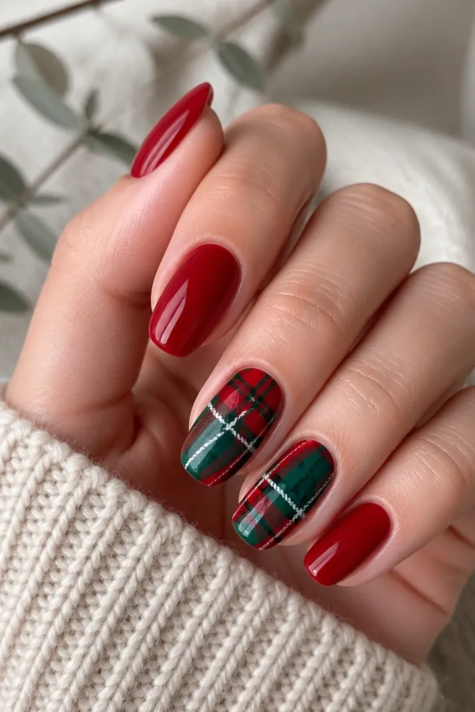 Glossy red nails. Two accent nails show a diagonal plaid pattern in deep green and thin black lines, with tiny white intersections for contrast.