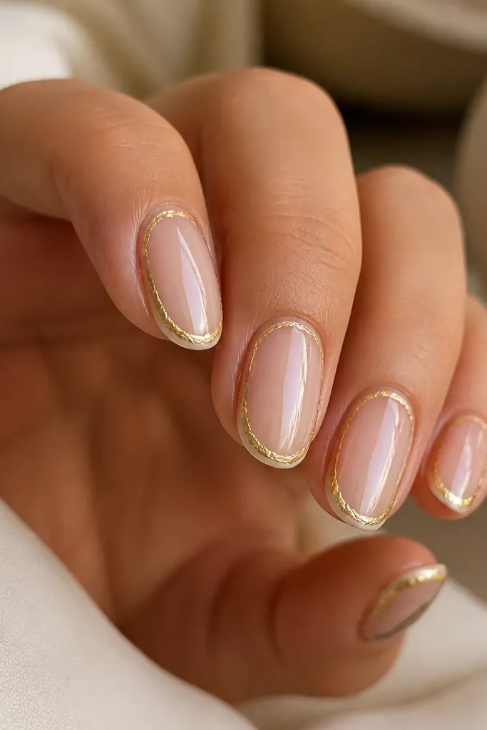 Nails with a glossy clear or sheer base. A thin gold foil frame outlines the perimeter of each nail, leaving the center mostly clear and smooth.