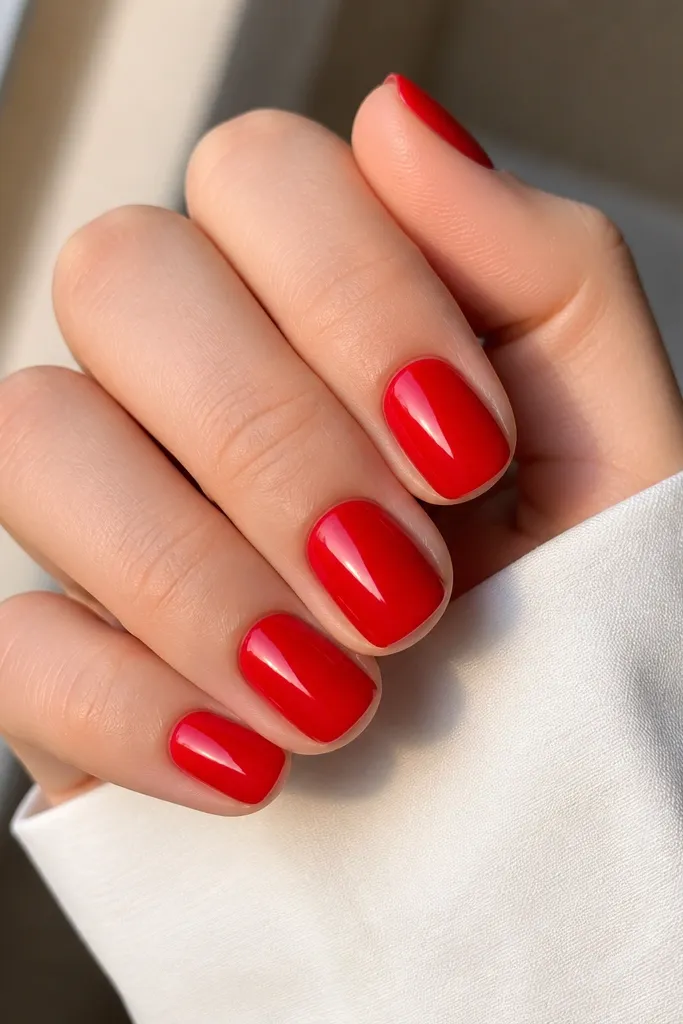 Short soft-squoval nails painted a pure cherry red with a high-gloss mirror finish; no designs, just even shine across all five nails.