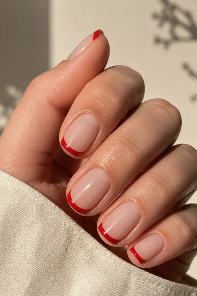 Short soft-squoval nails with a sheer nude base and crisp red French tips; tips are even and glossy with a thin white-free edge line.