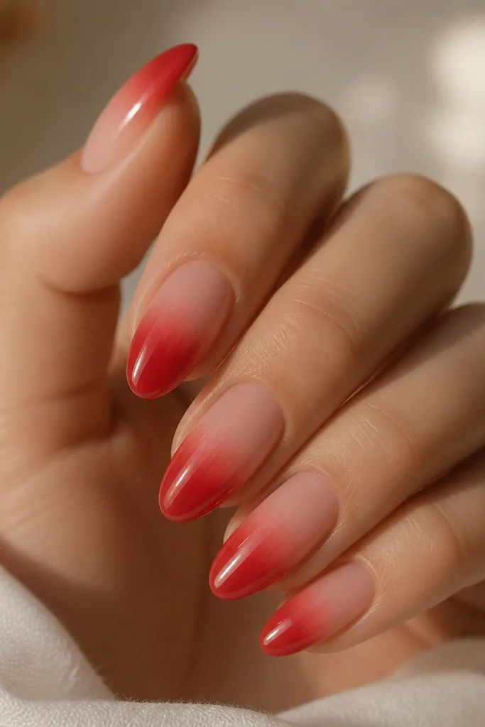 Medium almond nails with a smooth red ombré that fades into a nude base; the transition is soft and cloud-like with glossy finish.