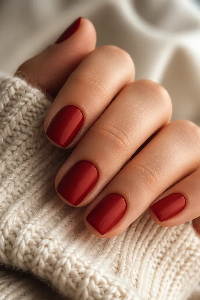 Short square-to-oval nails painted a deep red that looks velvety and matte with a soft light-catching sheen; no crystals, just the texture.