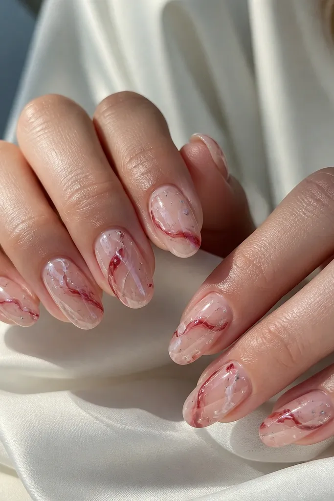 Medium oval nails with a clear glossy base; thin white and deep red marble veins swirl across each nail with small highlights.