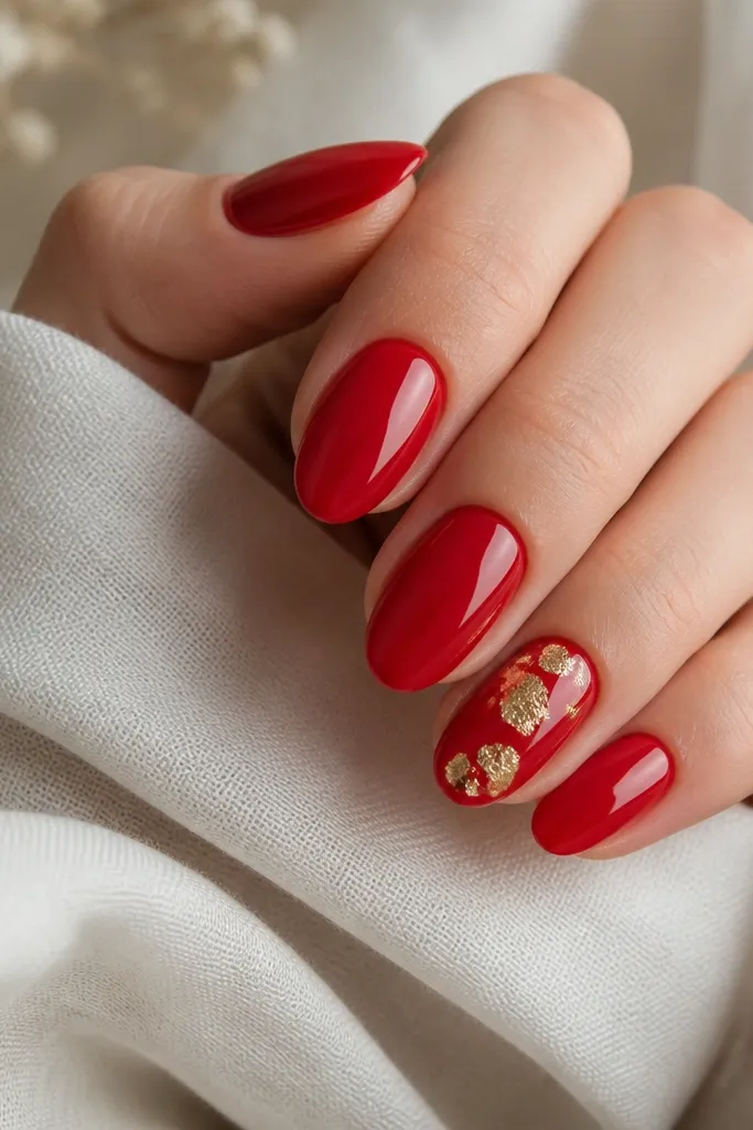 All nails are glossy red; the ring finger has irregular gold foil pieces placed near the center and cuticle area with a clean red border.