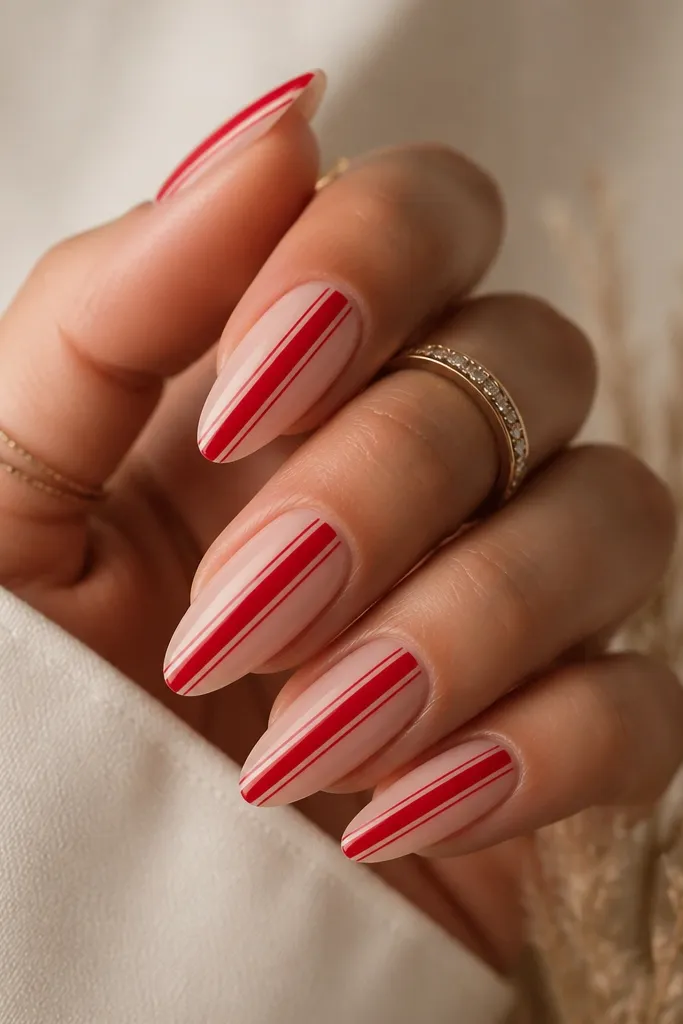 Long almond nails with a sheer nude base; a bold vertical red stripe runs down the center on each nail, with two thin negative-space gaps on either side; glossy finish.