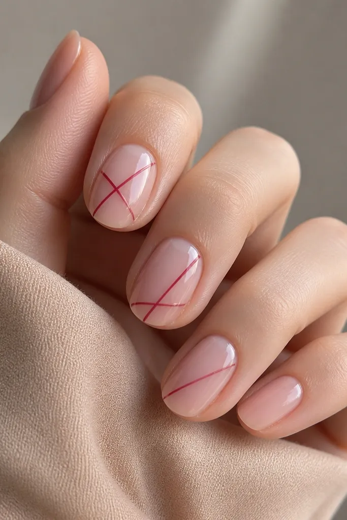Short oval nails in sheer pink; two nails have a crisscross red line pattern over the center, with glossy finish and clean negative space between lines.
