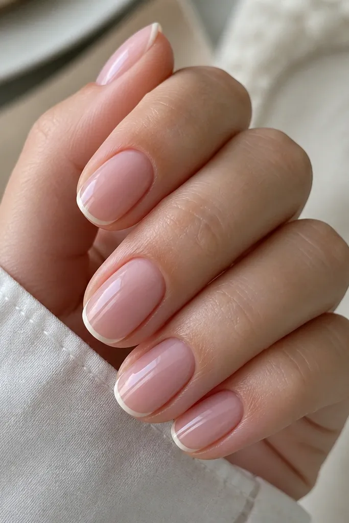 A close-up of short nails in a soft almond shape. The base is a milky rose-pink gel, glossy and semi-sheer. Each nail has a super thin French tip in pale cream, with the line about 1 mm wide. The cuticles are clean, and the nails look glassy with no bulky art.
