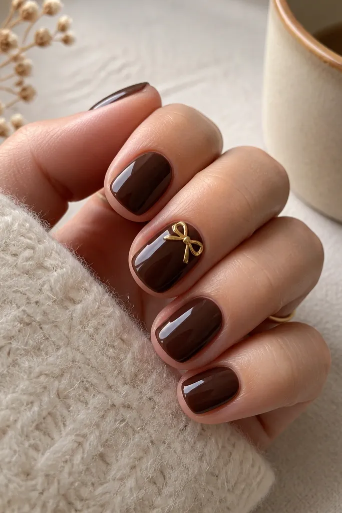 Short, rounded-square nails painted in a deep espresso nude. One accent nail has a small gold foil bow placed near the upper side of the nail bed, not centered. Everything is glossy, with clean cuticles and the bow edges looking crisp.