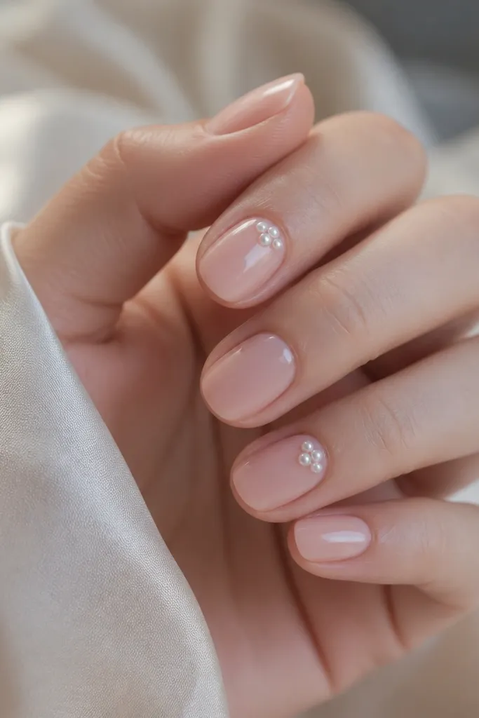 Short nails with a sheer blush base that looks like natural pink. Two nails have a tiny cluster of three mini pearls near the cuticle line, each pearl slightly different size. The rest of the nails are plain glossy blush with a clean, rounded edge.