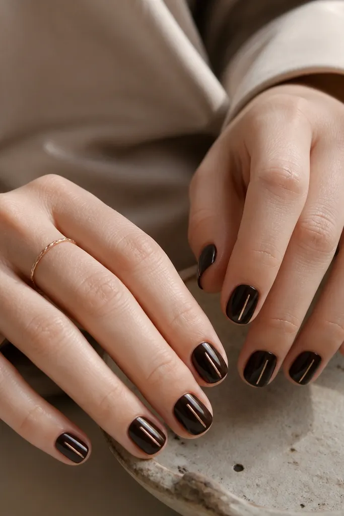 Short nails in a glossy black-tea brown (soft black with a hint of warmth). Each nail has a single thin rose-gold line running vertically from near the cuticle to the center of the nail, staying straight and narrow. Cuticles are neat and the overall look is sleek.