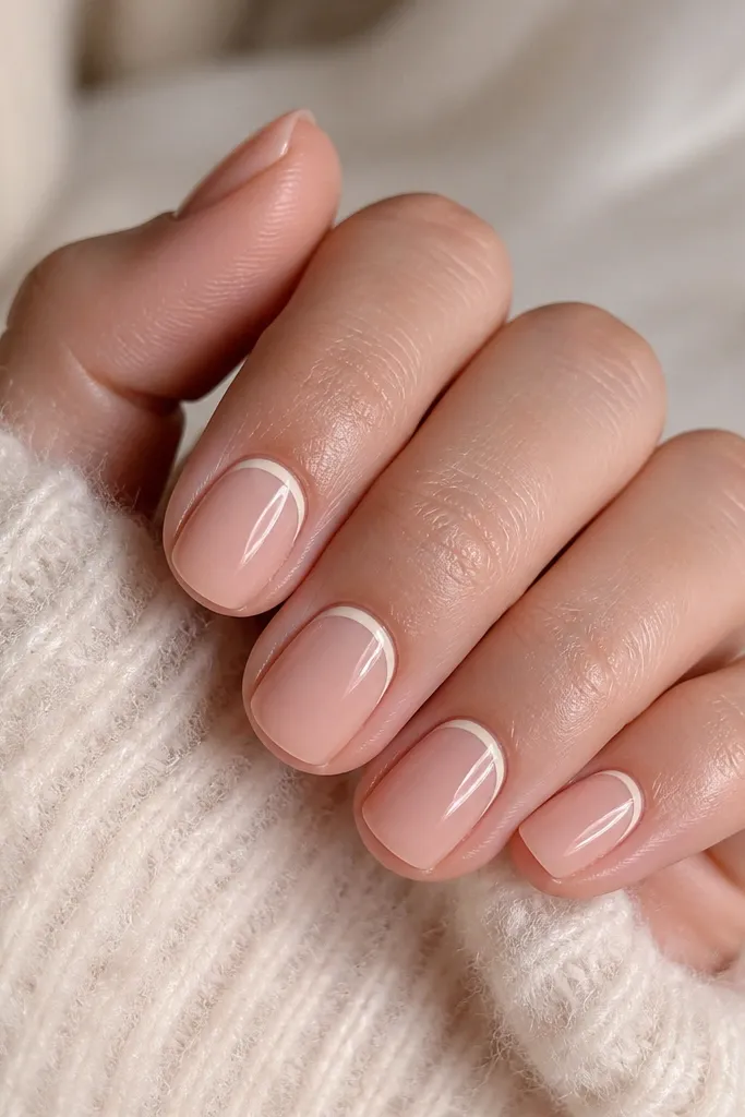Short soft-square nails painted in a classic nude pink. Each nail has a reverse French detail: a thin creamy line just under the cuticle area, following the curve of the cuticle. The rest of the nail is glossy nude with no other art.