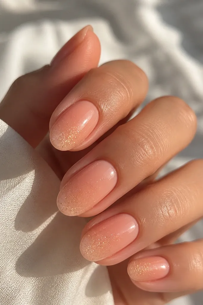 Short almond nails with a glazed peach base. From the center of each nail toward the tip, there is a micro shimmer fade that looks like fine glitter mixed into gel, not chunky. The cuticles are clean and the top coat is high shine like glass.