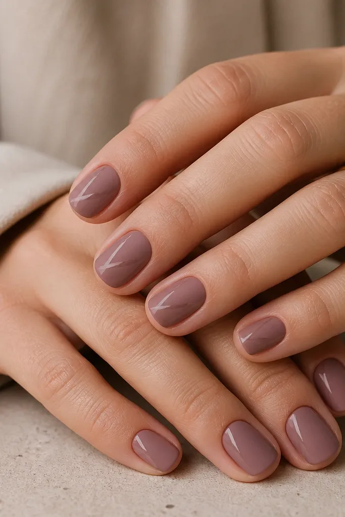 Short nails painted in a mauve tone with a soft matte finish. On each nail, there is one thin glossy line running diagonally from lower left to upper right. The matte looks smooth, not powdery, and the glossy line catches light.