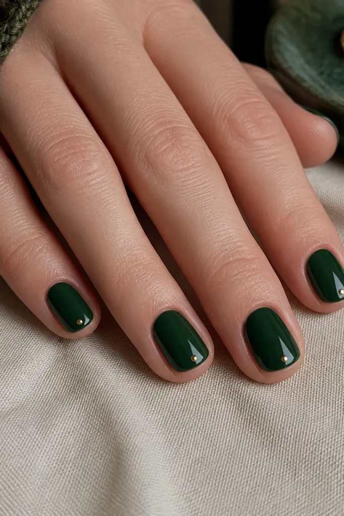 Short nails in a deep forest green glossy gel. On each nail, there is one tiny gold dot centered at the tip, just inside the free edge. The dots look like metal or gold chrome dots, crisp and evenly spaced.