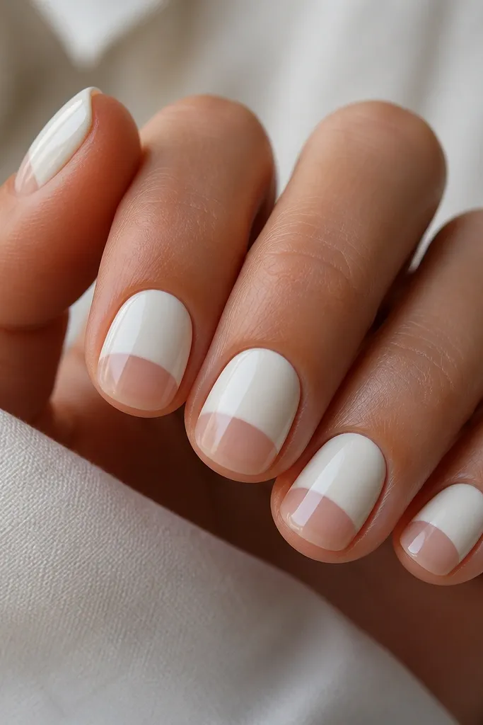 Short rounded-square nails with a creamy white base on the top half of the nail. The bottom half near the cuticle stays nude, creating a half-moon negative space. The boundary between white and nude is clean and curved. Everything is glossy and smooth.