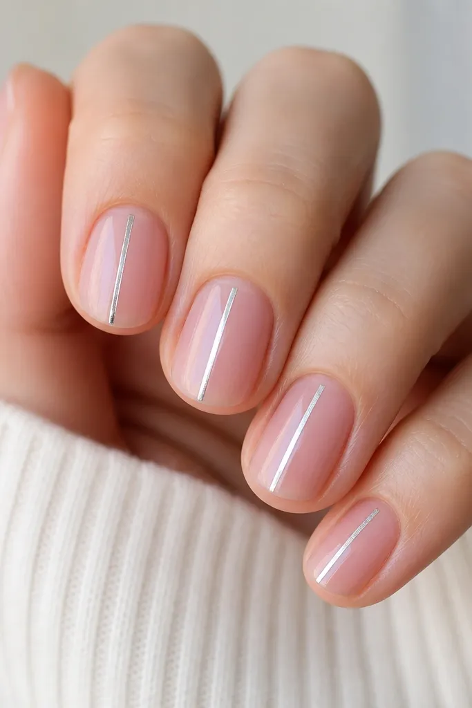 Short nails in a sheer pink base with a glossy finish. On each nail, a thin silver stripe runs along one side of the nail from near the cuticle to close to the tip. The stripe is straight and narrow, with a clean edge.