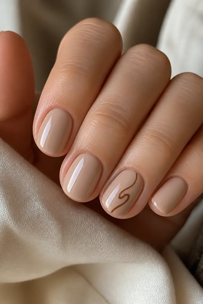 Short nails with a nude beige base and glossy finish. One accent nail has a caramel-brown swirl drawn diagonally, with a thin line and a small thicker loop near the center. The swirl looks like hand-drawn gel art, not filled-in shapes.