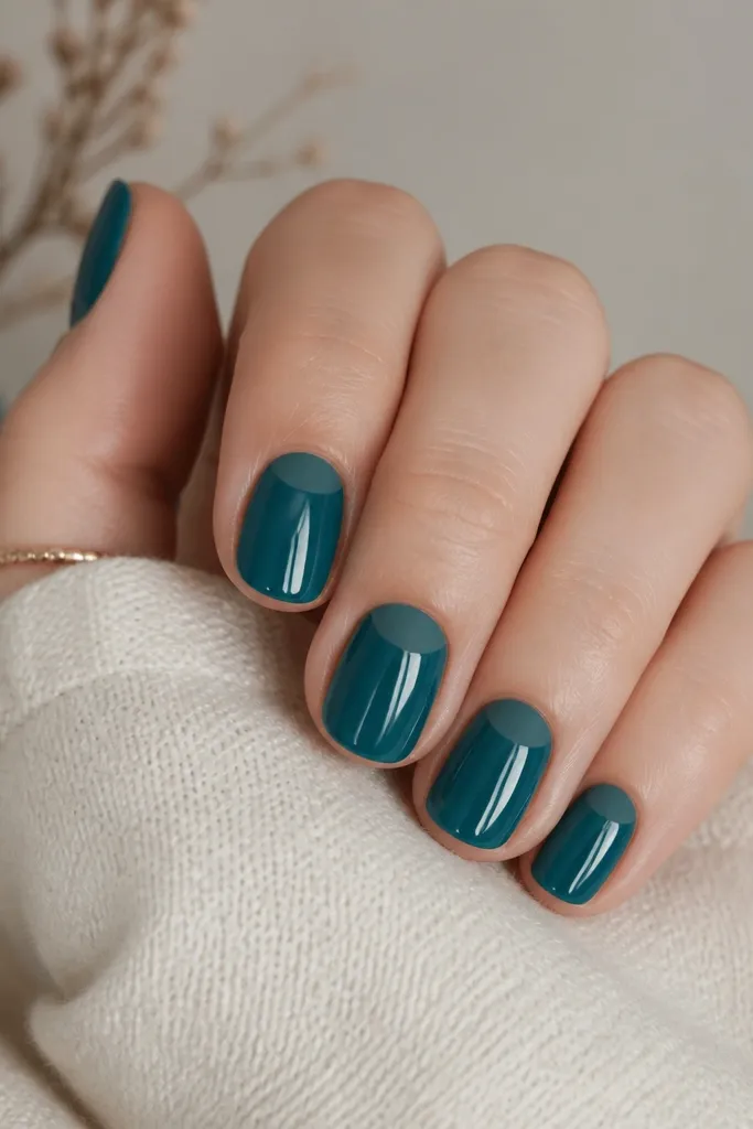 Short nails painted in a jewel-tone teal glossy base. Around the cuticle area on each nail, there's a matte halo ring, like a soft crescent. The rest of the nail stays glossy teal, and the transition between matte and gloss is clean.
