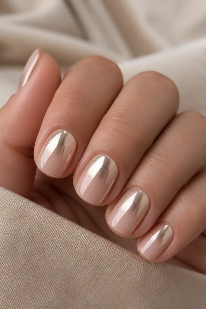 Short nails in nude blush glossy base. The top half of each nail has a champagne chrome half-tip effect, with a smooth metallic fade that starts around mid-nail and goes to the tip. The chrome looks like mirror foil, not glitter dust.