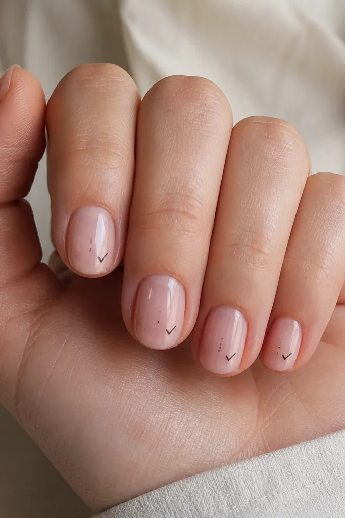 Short nails in a sheer nude glossy base. On each nail, there are tiny black micro marks like a checklist: one small dot, one short line, and one tiny check near the tip. The marks are small and spaced out, not forming big symbols. Everything looks neat and minimal.