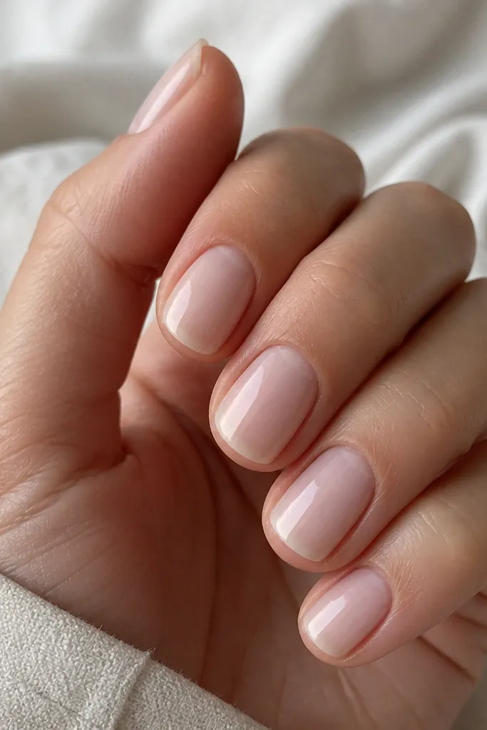 Short square nails painted a translucent milky nude with a glossy top coat; the cuticles are clean and the color fades slightly thinner near the edges.