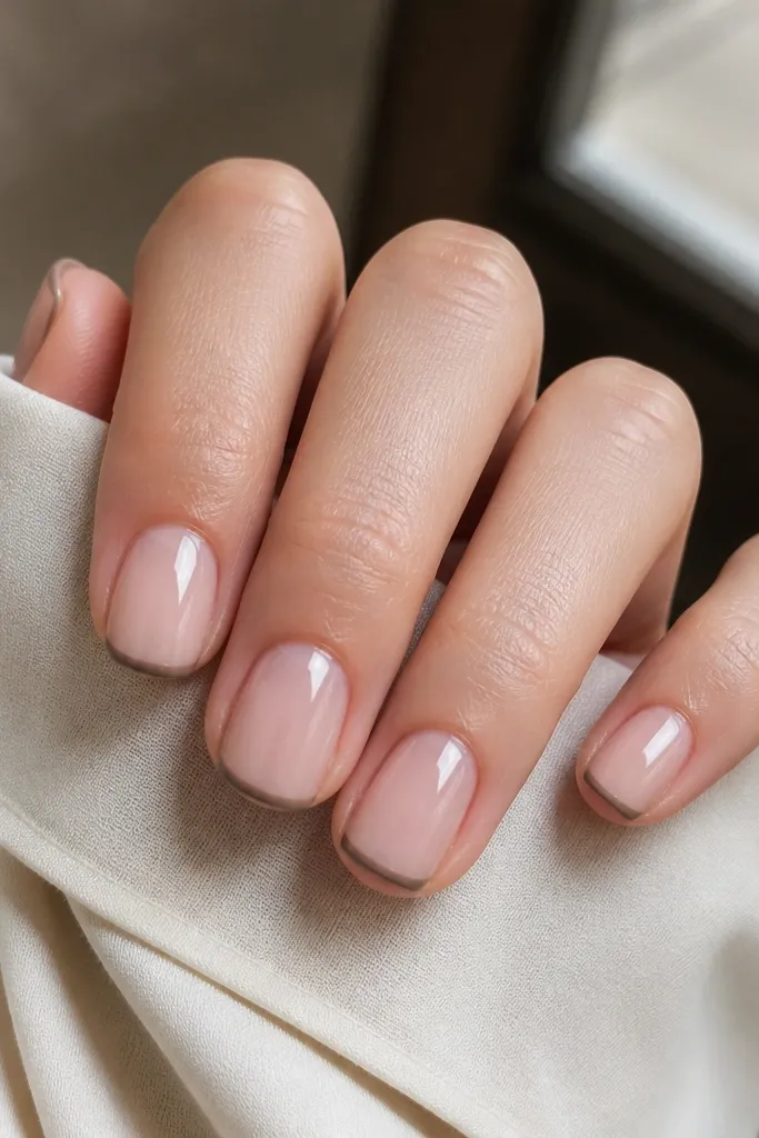 Short square nails with a very thin taupe French tip line, leaving most of the nail sheer nude; glossy finish with sharp, straight lines.