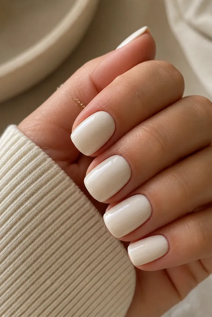 Glossy creamy white square nails with perfectly rounded corners and a clean cuticle line; nails look smooth and uniform.