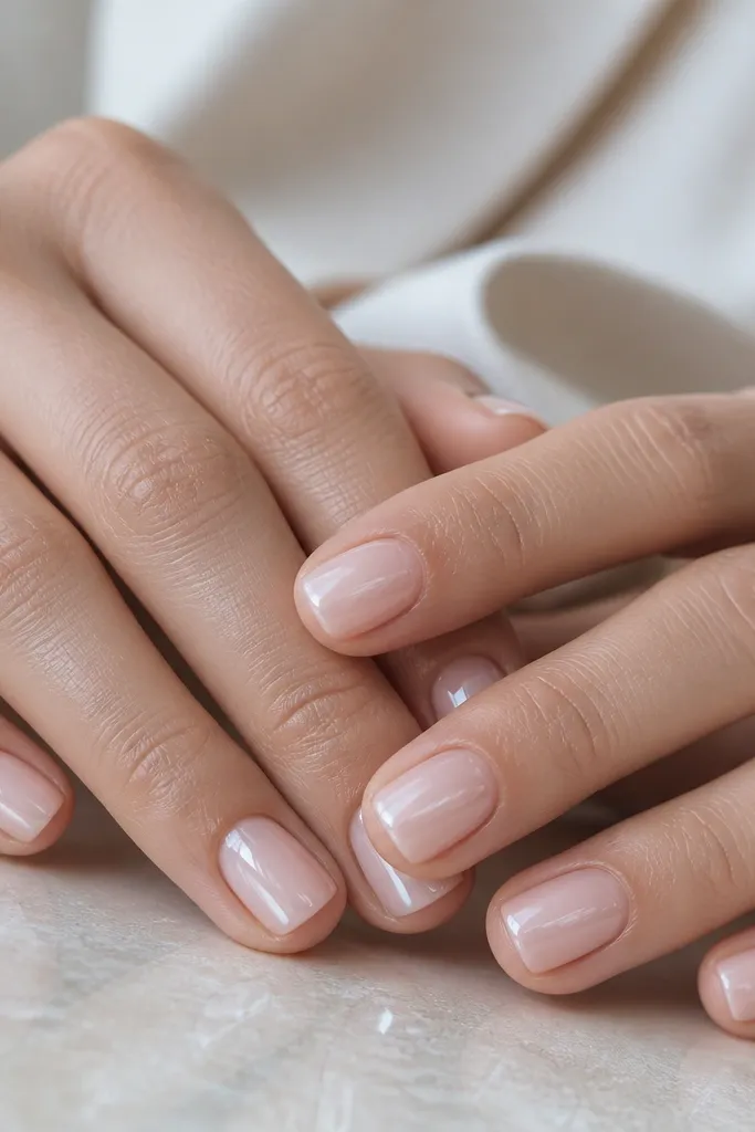 Short square nails with a clear, glassy top over a nude underlayer; the center looks slightly brighter, with mirror shine.