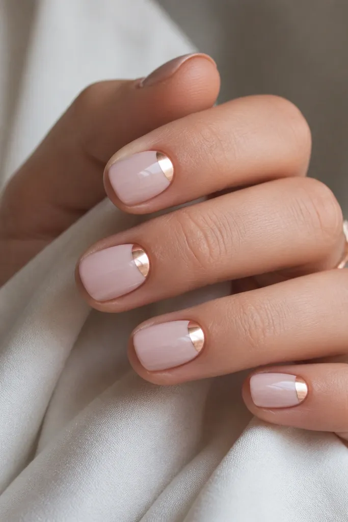 Short square nails with a soft blush base and a small rose-gold half-moon at the cuticle on each nail; glossy finish.