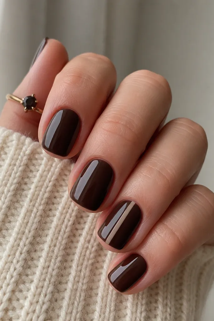 Short square nails painted deep chocolate mocha; one accent nail has a thin nude vertical stripe centered; glossy top coat.
