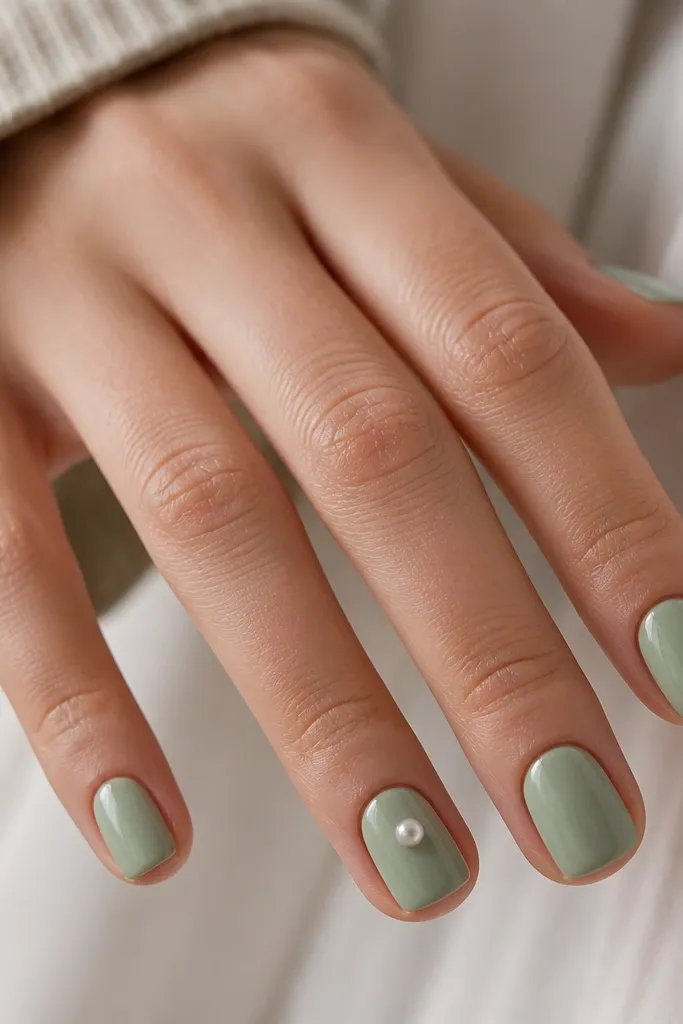 Short square nails in soft sage green glossy polish; on the ring finger there is a single tiny pearl dot near the center; other nails are plain.