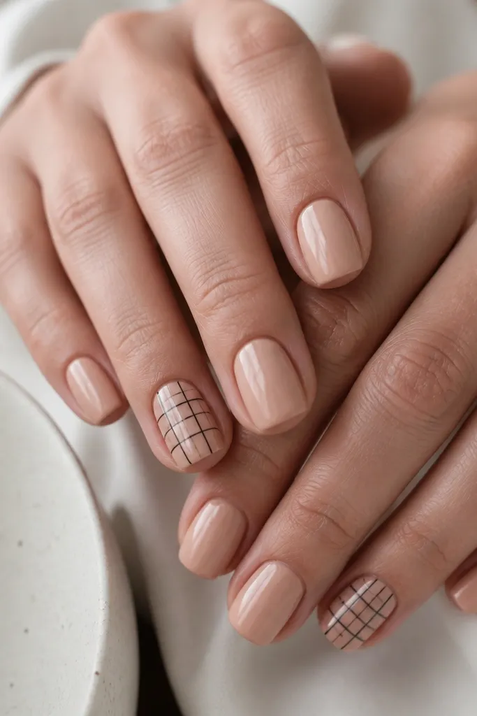 Short square nails with a nude base and a tiny black grid pattern on two nails; the rest are solid nude with glossy finish.