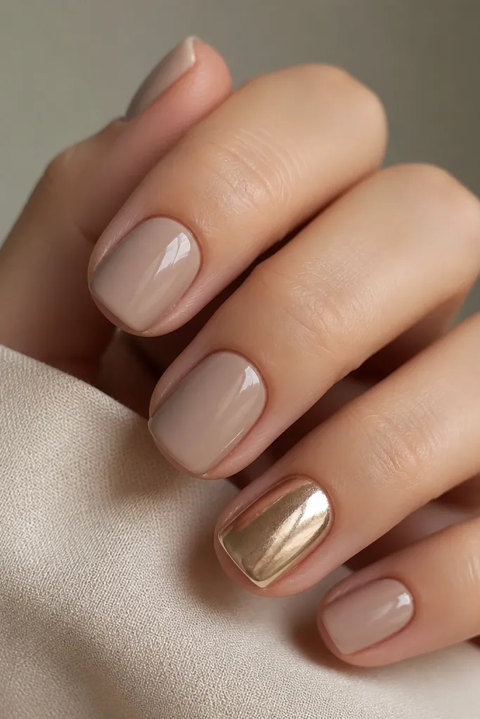 Short square nails in neutral beige nude; the ring finger has champagne chrome powder effect, mirror-like and glossy on top.