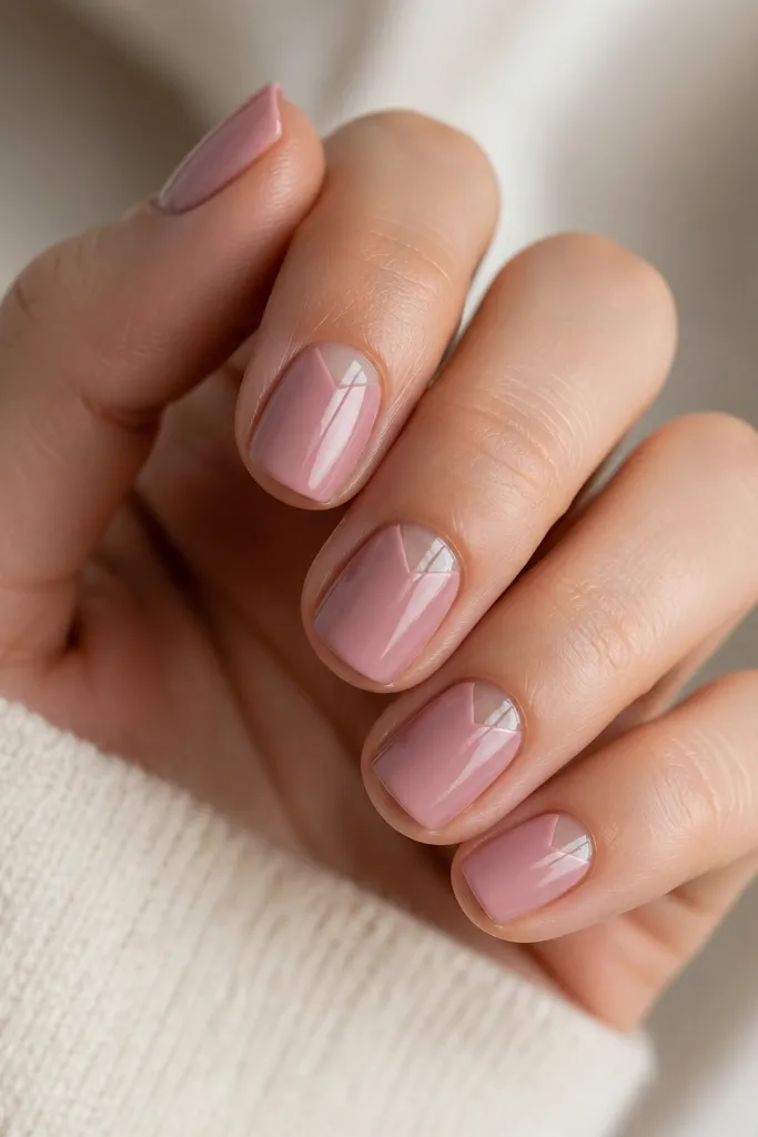 Short square nails with dusty pink polish; each nail has a small clear triangle or corner at the upper side near the cuticle; glossy finish.