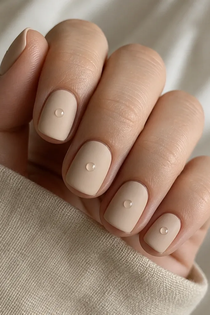 Short square nails in matte oat milk beige; on each nail there is a small glossy clear dot centered near the middle; matte around it.